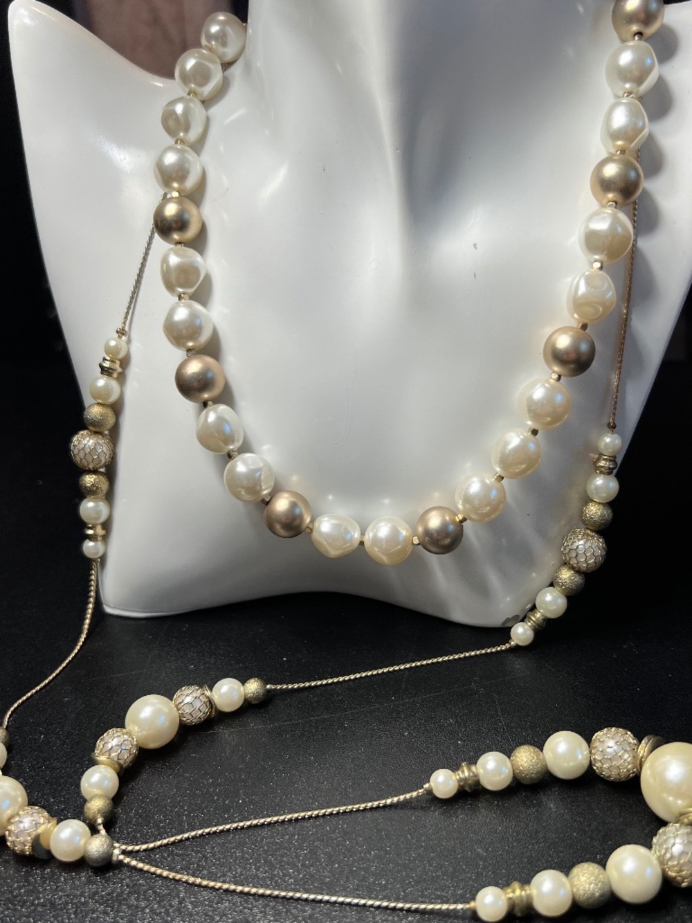 Loft Set 2 Gold Tone Pearls Contemporary Necklaces 34" And 17" Plus Extender